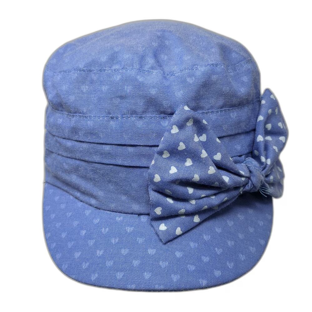 D&Y Army Cap Blue One Size Hearts Bow Pleated Fashion Cadet Hat Elastafit Poly